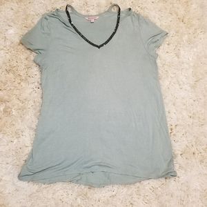 Juicy couture green shimmery shirt with neckline beading.